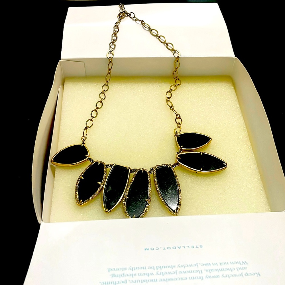 Stella & Dot black enamel fringe gold tone Allegra  necklace